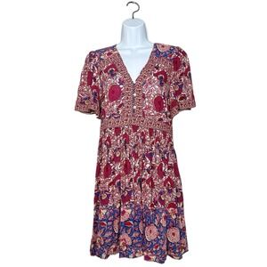 ba&sh Valia Print Pintuck Mini Dress Floral Boho Size Small Fuchsia Pink V-Neck